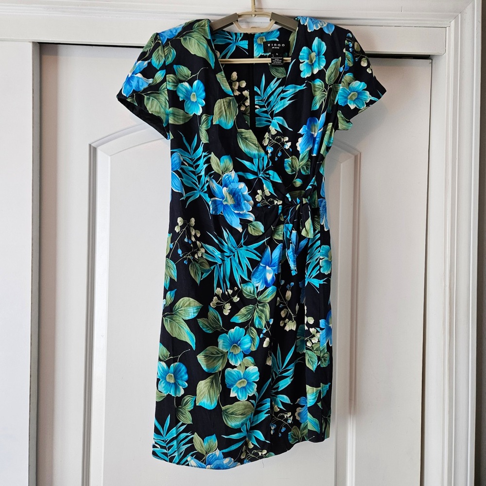 Virgo Petite Wrap Dress Womens 6 Black Blue Tropical Vacation‎ Resortwear Mini